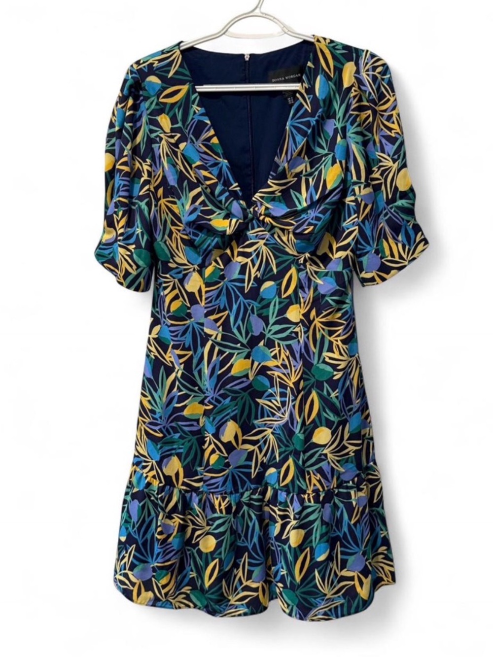 Donna Morgan Navy Dress with vibrant multicolored Leaf Print